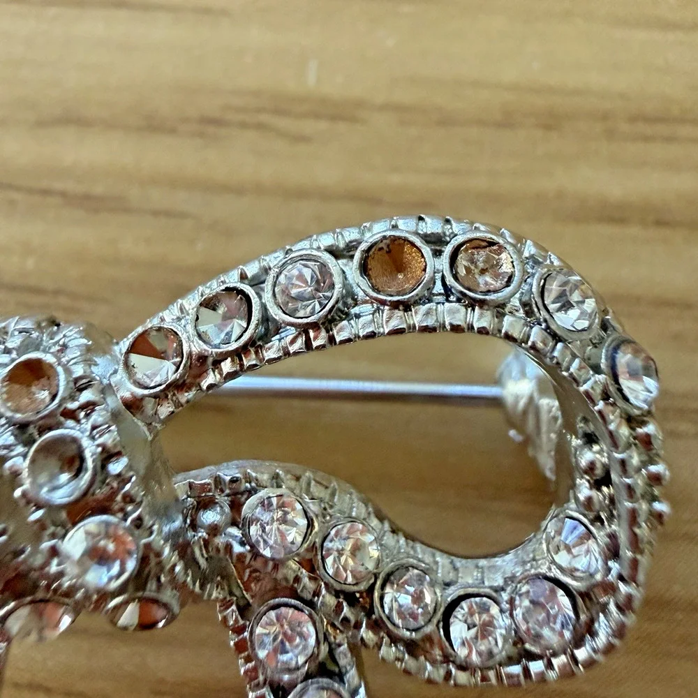 Vintage Rhinestone Bow Brooch Silver Tone Ribbon Pin 1.5” Repair Craft